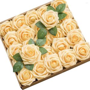Decoratieve bloemen D-zeven kunstmatige 25-stcs romige gele rozen met stengel voor doe-het-zelf bruiloft centerpieces Bouquets arrangementen bloem decor