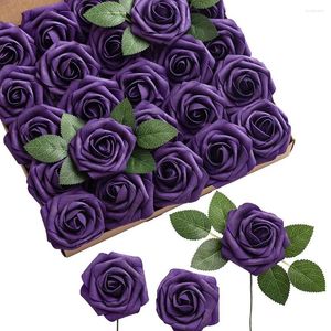 Fleurs décoratives D-Seven Artificielles 25pcs Roses Violet Foncé Avec Tige Pour DIY Centres De Mariage Bouquets Arrangements Décor De Fleurs