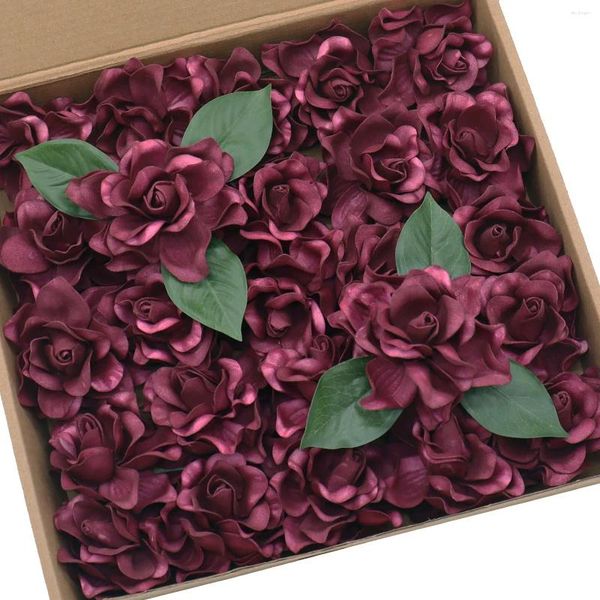 Fleurs décoratives D-Seven artificielles 25pcs Marsala Gardenias avec tige pour bouquets de mariage Table Centerpiece Bridal Shower Cake Decor