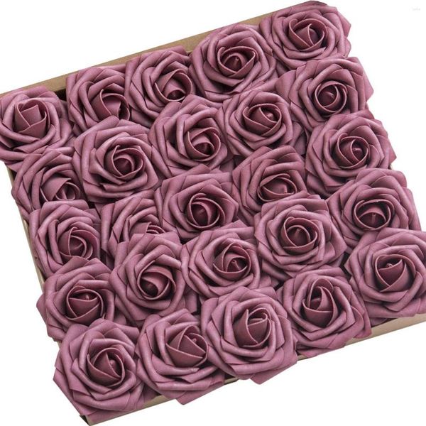 Fleurs décoratives D-Seven Roses mauves artificielles 25pcs avec tige pour centres de table de mariage bricolage Bouquets Arrangements Décorations florales
