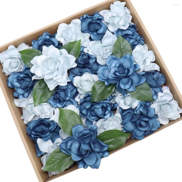 Fleurs décoratives D-Seven Artificielle 25pcs Gardénias Bleu Poussiéreux Avec Tige Pour Table De Mariage Décorations De Fête À La Maison Scrapbook DIY