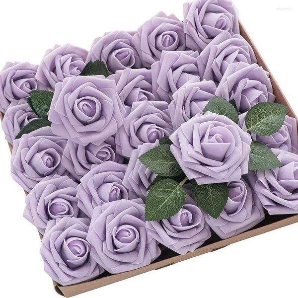Fleurs décoratives D-Seven Roses lilas artificielles 25pcs avec tige pour centres de table de mariage bricolage Bouquets Arrangements Décorations florales