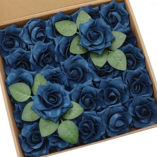 Fleurs décoratives D-sept mousse artificielle 25 / 50pcs bleu marine petite rose avalanche avec une tige pour le bricolage