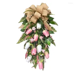 Decoratieve bloemen dag roze tulp bloemenkrans 22 inch handgemaakte jute boog bloemen voor moeders voordeur huisdecoratie