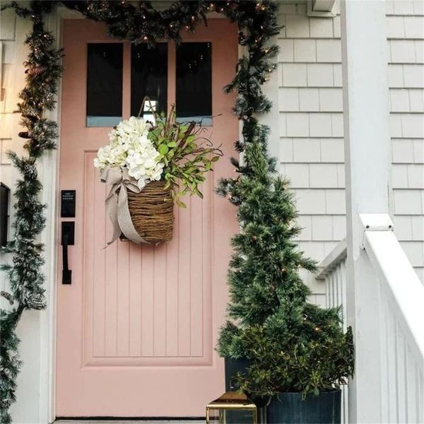 Decoración de flores decorativas, guirnalda fresca blanca, cesta de mimbre simulada, guirnalda de hortensias, colgador de puerta