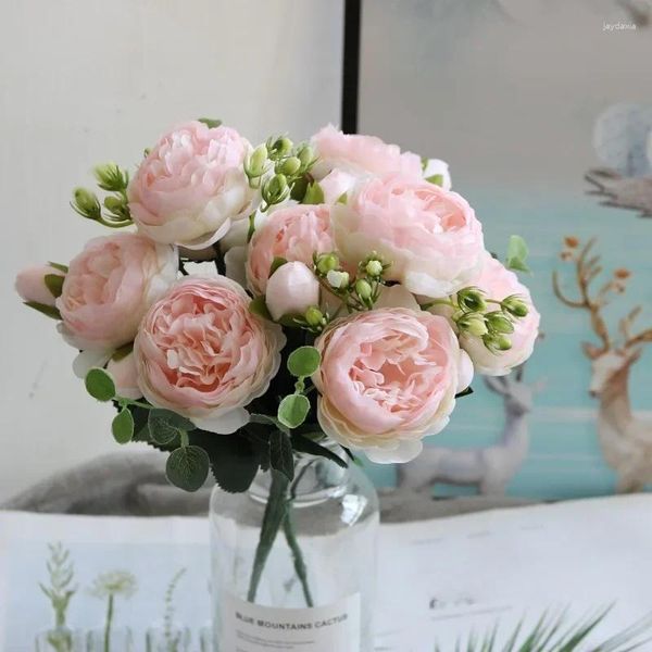 Décorations de fleurs décoratives Bouquet artificiel de soie rose rose Rose Fausse de Big Head pour décoration de mariage à l'intérieur