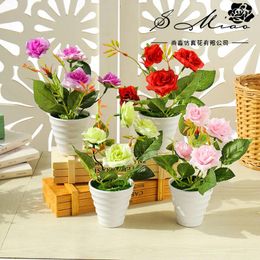 Fleurs décoratives bureau décorations artificielles plantes simulées soie Mini Rose bonsaï avec Pots en plastique fleur en pot ornements