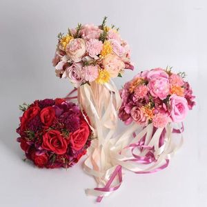 Flores decorativas Dia 24cm Novia artificial Flor de mano Boda Bouquet Korean Silk Decoración de la casa Rose