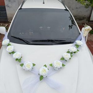 Decoratieve bloemen Diy kunstmatige bloem bruiloft auto decoratie set zijden nep roze bruids deur handvang linten tule benodigdheden