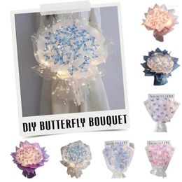 Fleurs décoratives bricolage Bouquets de papillons à la main fleur matériel paquet Bouquet avec chaîne lumineuse décor de mariage cadeau pour Girlfrie V8E9