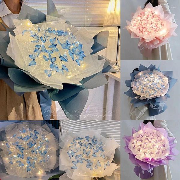 Fleurs décoratives bricolage papillon Bouquets à la main fleur matériel paquet Bouquet avec guirlande lumineuse décor de mariage cadeau exquis pour