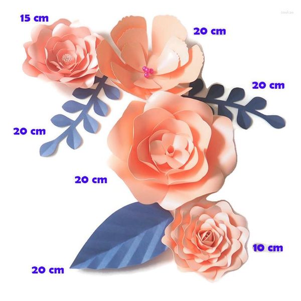 Flores decorativas DIY Fondo de papel gigante Flor rosa brillante artificial 4PCS Hojas 3PCS Banquete de boda Deco Decoración del hogar Video