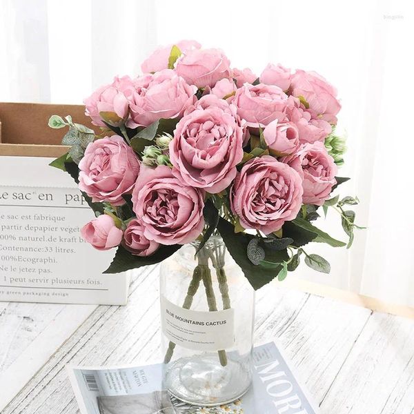 Fleurs décoratives Docidaci Silk artificiel Pink Peony Bouquets Roses Fake Plantes For Diy Salon Home Garden Wedding Gift Decoration
