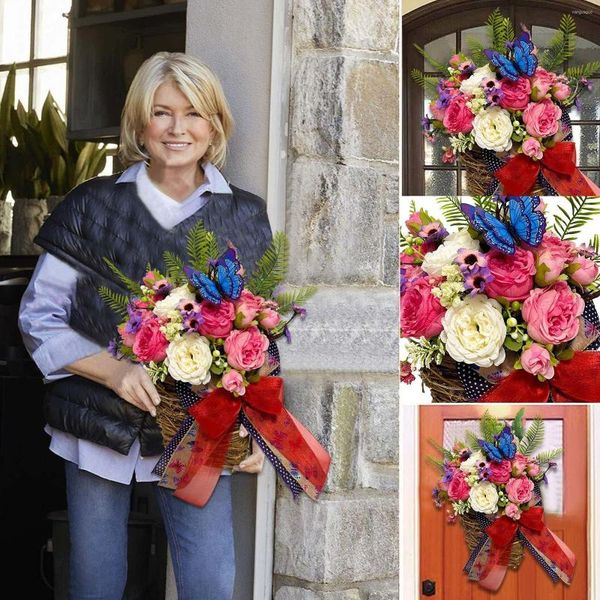 Flores decorativas perchas para puerta de perro para primavera delantera rosa peonía mariposa cesta de flores corona colgante decoración del hogar y