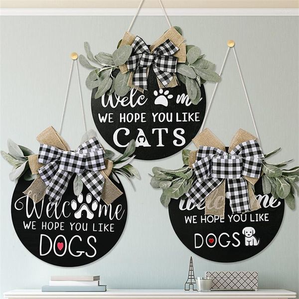 Fleurs décoratives Chiens Bienvenue Porte Suspendus Guirlande Avant Décoration Plaques Pet Chien Rappel Signes Maison Grand Plaid Arc Maison Décor