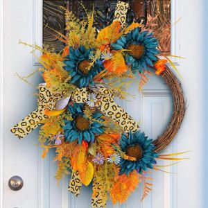 Decoratieve bloemen deur hangende krans fadeless kunstmatige slinger gemakkelijke verzorging rattan-ring luipaard lint blauwe zonnebloem met droge takken