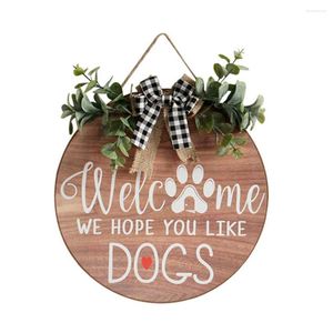 Decoratieve bloemen Deur Plaque Welkom Decoratie Voorkant Rustieke hanger houten honden je hoopt dat we veranda ornament bord huis krans