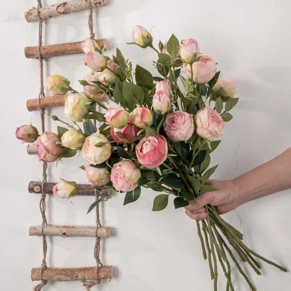 Fleurs décoratives doubles têtes bord brûlé branches de roses délicates soie artificielle maison mariage décor flores rose de Noël avec des feuilles