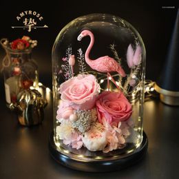 Fleurs décoratives fleurs séchées couvercle en verre boîte-cadeau décoration Rose Bouquet flamant rose amoureux noël anniversaire maison