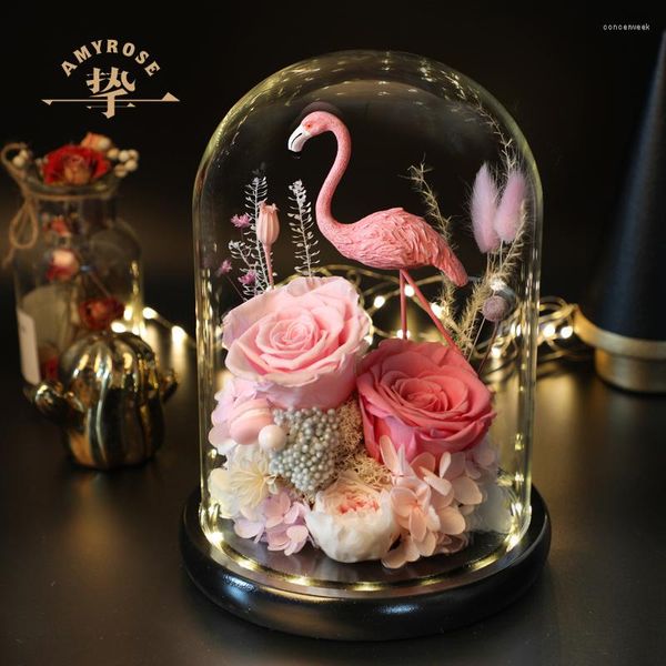 Flores decorativas Flor seca Tapa de vidrio Caja de regalo Decoración Ramo de rosas Amante de los flamencos Navidad Cumpleaños Hogar