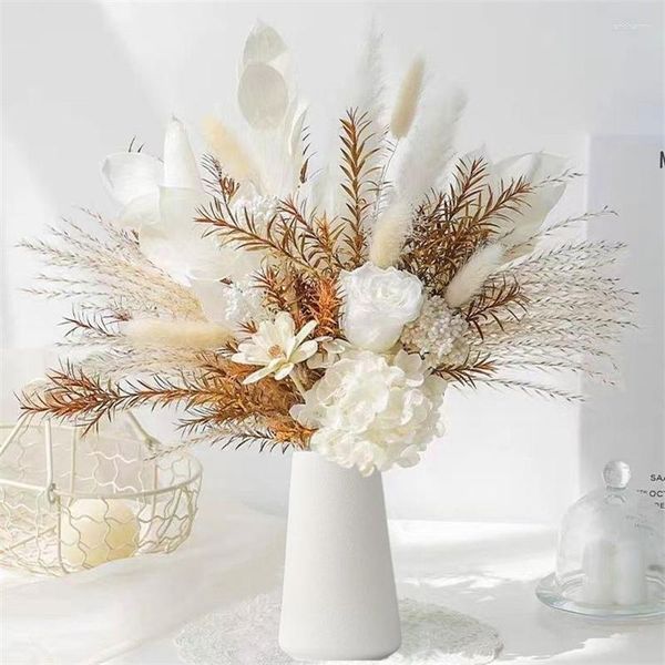 Flores decorativas Flores secas Pampas hierba preservada Rosa hortensia ramo DIY hogar boda decoración del banquete Festival Ceremonia Flores