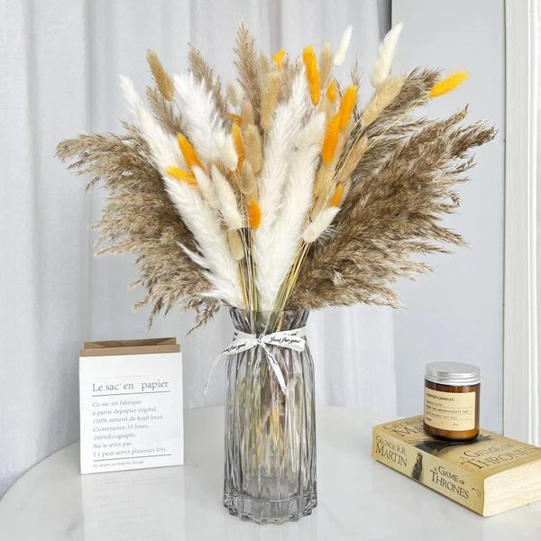 Bouquet de fleurs décoratives en herbe des marais séchées, plumes moelleuses naturelles, style Boho, Arrangement de fête de mariage à domicile