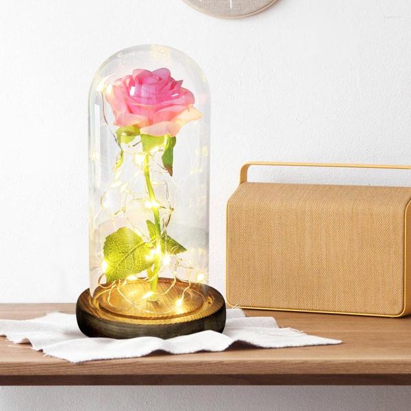 Fleurs décoratives goutte rouge/blanc/noir fleur de rose éternelle dans un dôme en verre avec base en bois lumière LED cadeaux de noël saint valentin pour les femmes