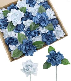 Fleurs décoratives bleu poussiéreux artificiel 25 pièces gardénia avec tige pour centres de table de mariage douche nuptiale R décorations bricolage