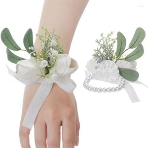 Fleurs décoratives E8BD mariage en plein air artificielle Rose poignet Corsage bracelet boutonnière avec verdure feuilles fête bal Bracelet broche