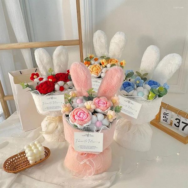 Flores decorativas Paquete de flores tejidas con orejas ramo de felpa cuerda de algodón rosas artificiales San Valentín regalos de cumpleaños para el día de la madre