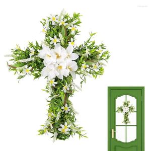 Fleurs décoratives croix de pâques pour porte d'entrée, couronne en bois classique, Lilien artificiel, décoration murale de verdure, printemps