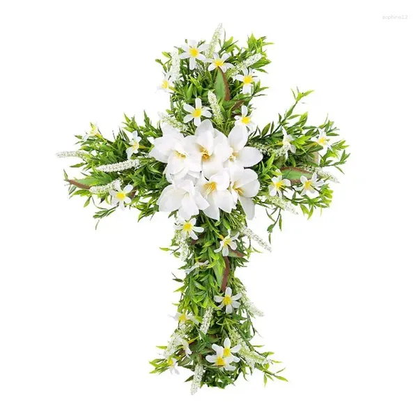 Flores decorativas, Cruz de Pascua para puerta delantera, decoración clásica de madera, lirio Artificial, pared verde, corona de primavera cristiana