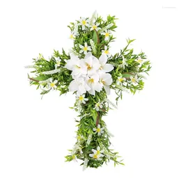 Couronne de fleurs décoratives de pâques, porte en bois classique avec Lilien artificiel, printemps vert pour l'avant et l'extérieur