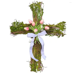 Couronne de fleurs décoratives de pâques, écharpe blanche suspendue à la porte, accessoires muraux de tulipes de printemps