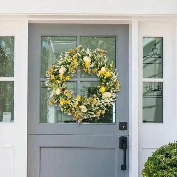 Fleurs décoratives, couronne d'œufs de pâques, porte d'entrée, fenêtre, feuilles vertes artificielles