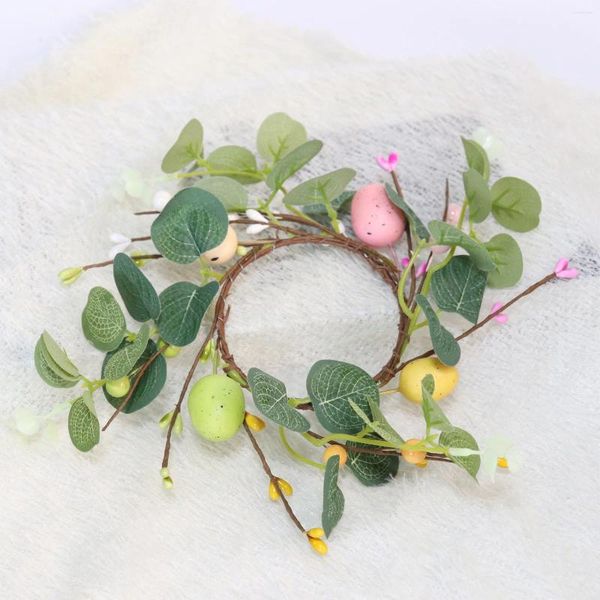 Mini couronne de fleurs décoratives pour fête de pâques, décoration de maison, feuilles artificielles en plastique, fil de fer, tissu en soie, anneau de bougie