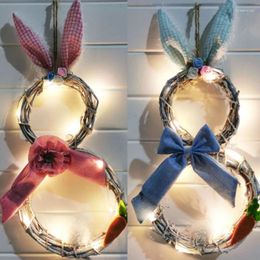 Decoratieve bloemen Easter Rattan -ring met lichten oren Cirkel krans ornamenten voor voordeur muurdecoratie