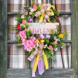 Fleurs décoratives Couronne de Pâques avec arc 35x40 cm suspendu au tissu guirlande ruban coloré de porte d'entrée de porte de jardin décoration