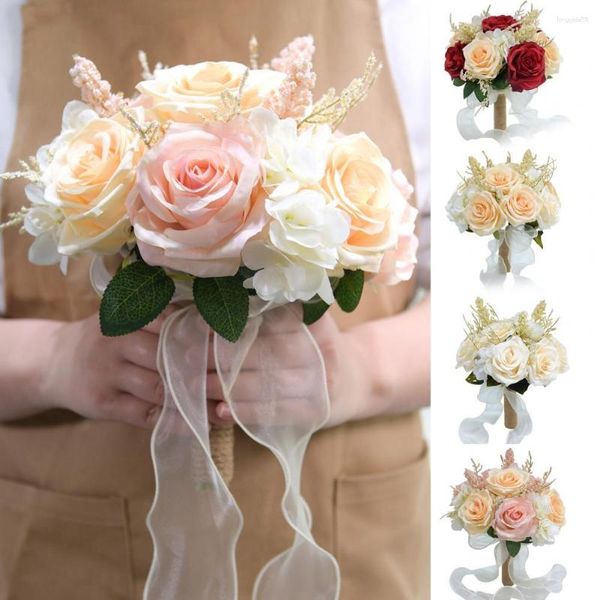 Flores decorativas de fácil cuidado, rosas artificiales, ramos multicolores realistas con lazos de cinta, hojas verdes elegantes para bodas