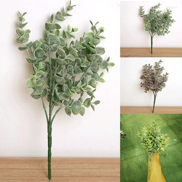 Flores decorativas fáceis de preservar planta verde folhas artificiais imitação de eucalipto decoração para casa festa de casamento