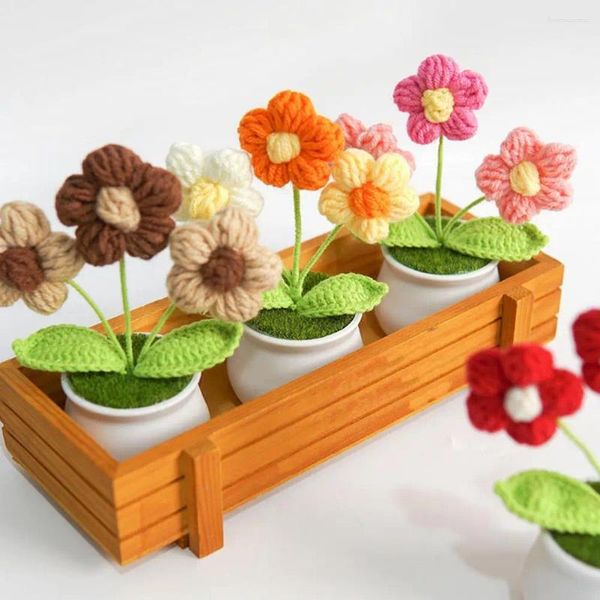 Flores decorativas accesorios para el hogar ecológicos de la casa hecha a mano de ganchillo planta en maceta en macetas decoración de hilo realista tejido