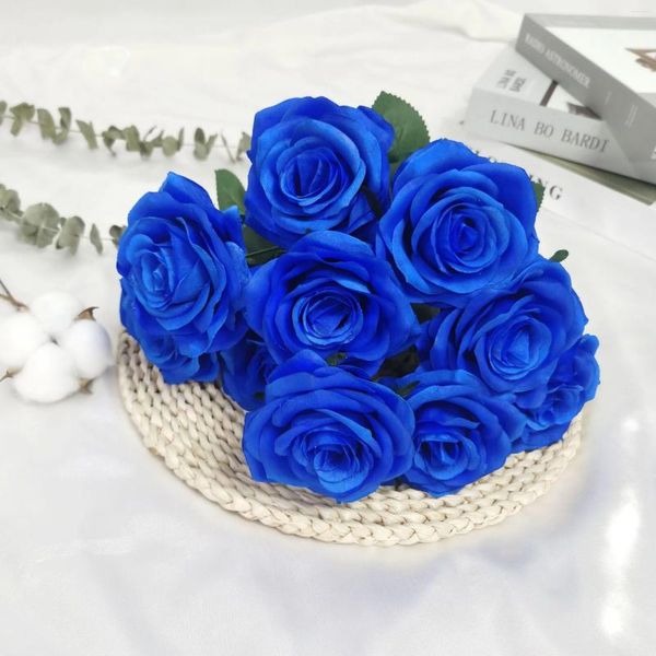 Flores decorativas El ramo de rosas artificiales de seda, decoración Floral para el hogar, flores de simulación, rosas rosas azules