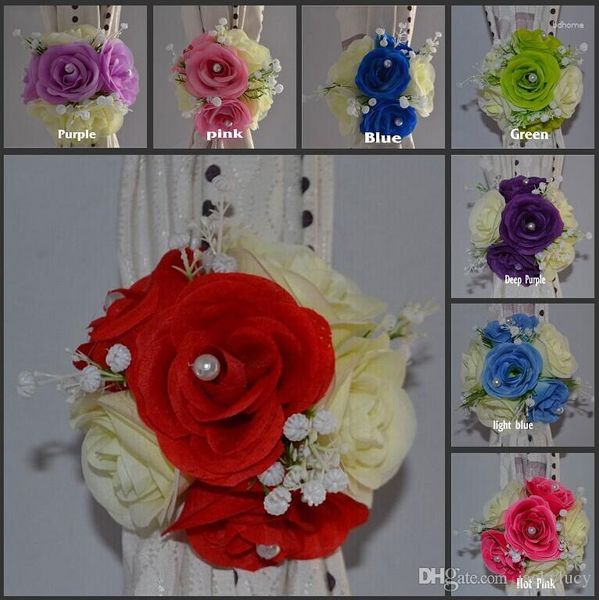 Flores decorativas Elegante Fondo de seda de rosa artificial Gasa Cortina Clip Ramos para la decoración de la boda Prop Telón de fondo Decoración Accessori