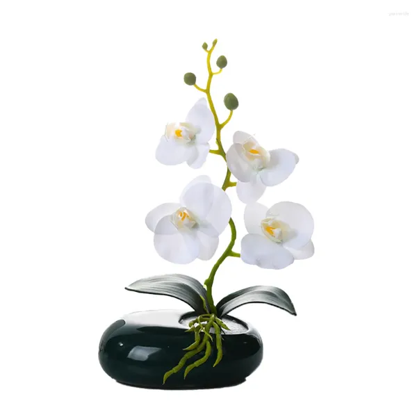 Flores decorativas Cuenca elíptica Flor artificial Bonsai PU Mariposa Orquídea Conjuntos de jarrones de cerámica Decoraciones para el hogar Adornos Macetas de polillas