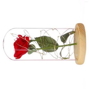 Fleurs décoratives Enchanted Red Silk Rose Light Eternal Flower Glass Tile Lampe avec LED pour les cadeaux romantiques de la Saint-Valentin