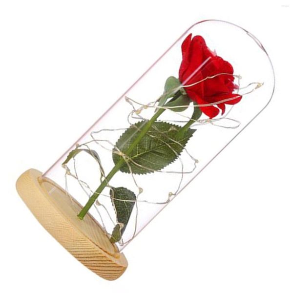 Fleurs décoratives Enchanted Red Silk Rose Light Conservé Dans Un Dôme En Verre Avec LED Cadeau Romantique Pour Anniversaire De Mariage