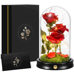 Fleurs décoratives ETEREAUTY Trois roses à fleurs dans un dôme en verre avec pétales tombés 4 modes 30 lumières LED Coffret cadeau de vœux pour la Saint-Valentin