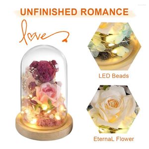 Flores decorativas Rosa eterna preservada con luz de humor, lindo oso en cristal, regalos para siempre para novia, esposa, madre