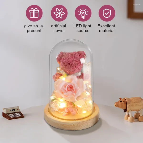 Fleurs décoratives Rose éternelle préservée avec lumière d'ambiance, ours mignon en verre, cadeau de saint valentin pour petite amie