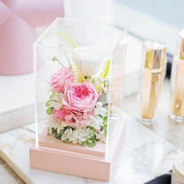 Fleurs décoratives Roses éternelles préservées dans le dôme de verre Têtes de fleurs Rose Forever Love Faveur de mariage Cadeaux d'anniversaire pour les femmes Copines